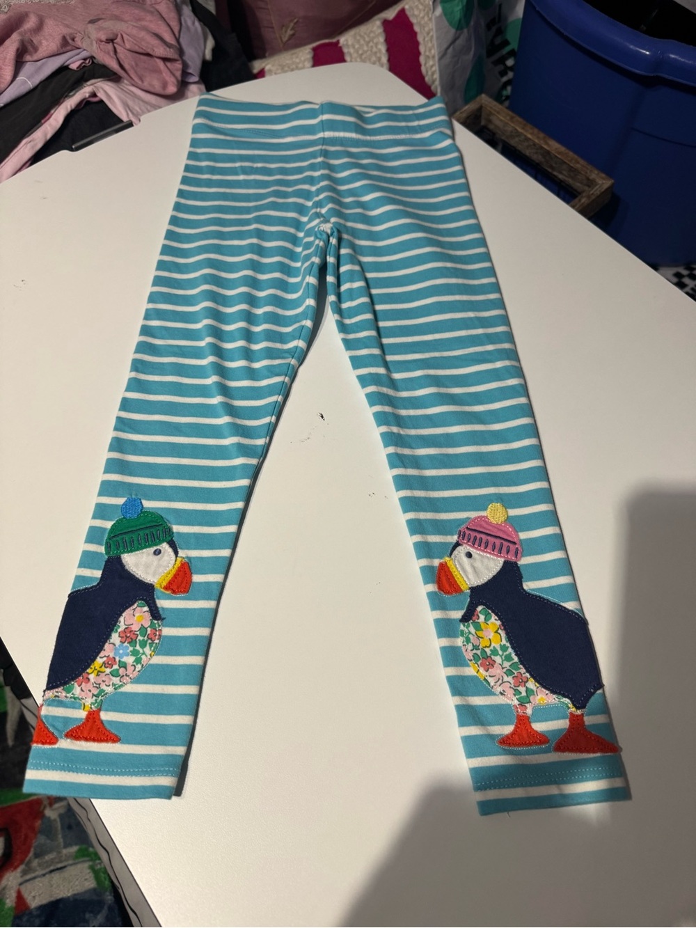 Mini Boden cute size 5/6 
Striped Teal Puffin Appliqué Kids Leggings